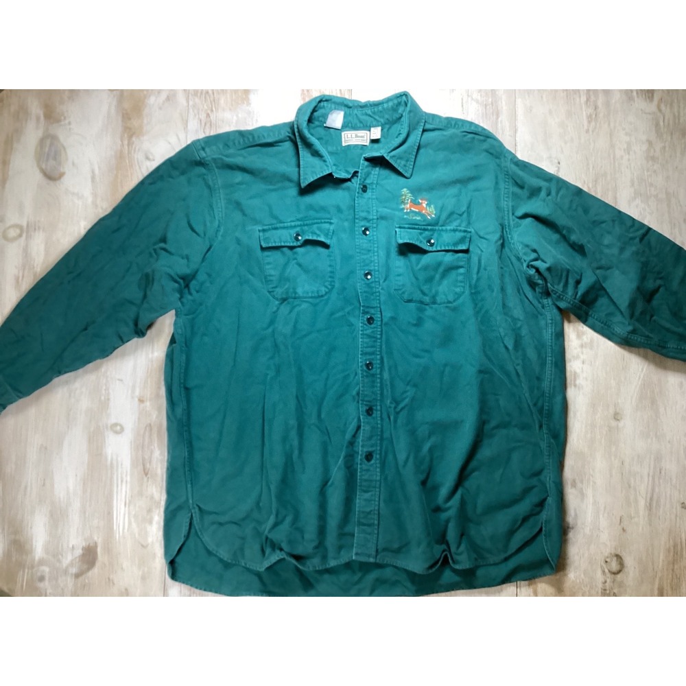 Vintage LL Bean Chamois Cloth Shirt Mens Tall 20 Green Cotton Made in USA Deer